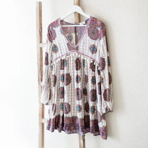 Umgee Women’s Size Small Boho Mini Dress Long Sleeve V-Neck Floral Paisley Tunic